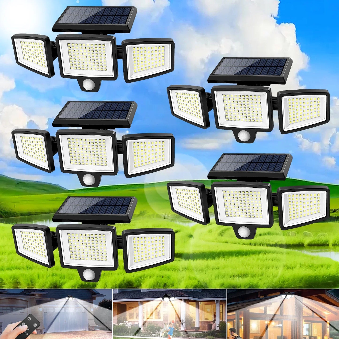 (5/4/3/2/1 pcs) 3-Head Solar Outdoor Light, Motion Sensor Security Light with Wireless Remote Control
