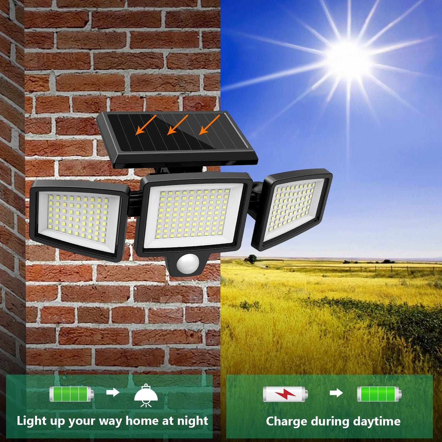 Outdoor Waterproof Solar Light with Motion Sensor 3-Head 200+ LEDs Security Light for Porches Garages Yard Entrances