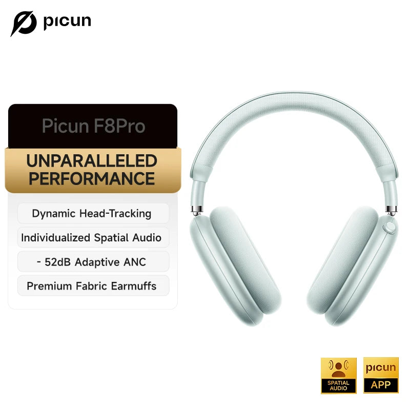 Picun F8 Pro ANC Wireless Headphones 3D Spatial Audio Head Tracking -52dB ANC HIFI Bluetooth Headset ENC HD Mic Low-Latency APP