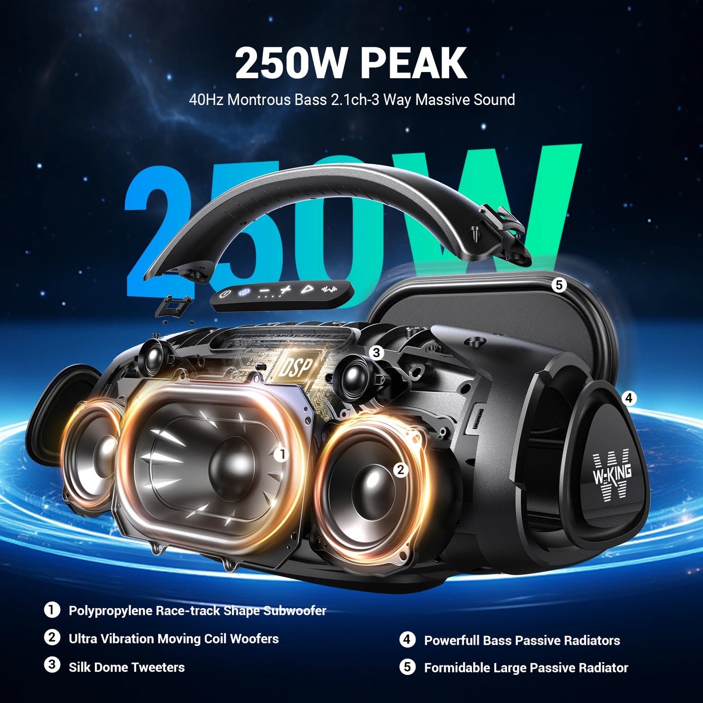 W-KING 180W RMS Portable Bluetooth Speakers,Massive Bass Party Boombox IPX7 Waterproof Speaker Large, Loud Outdoor Speaker