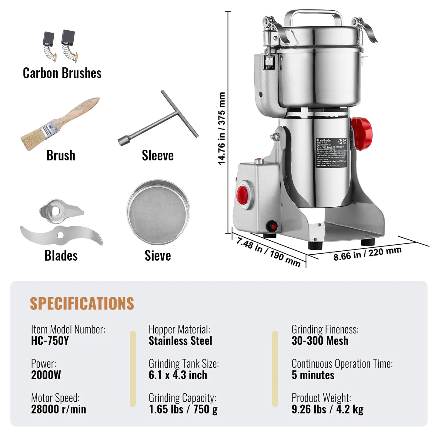 SucceBuy 150-2500g Electric Grain Mill Grinder Commercial Swing Spice Grinders for Dry Herbs Grains Spices Cereals Coffee Corn