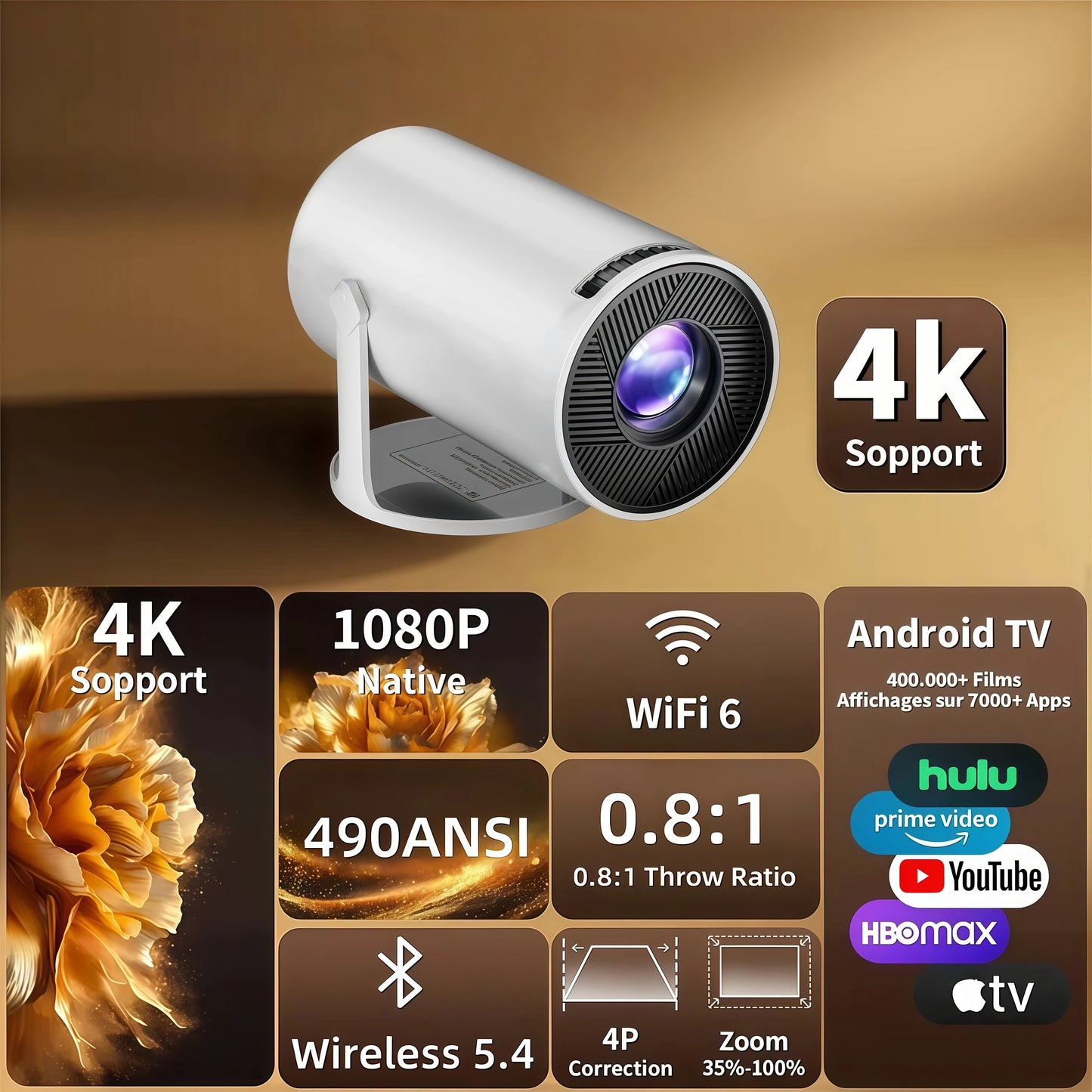 MAOHUTER Smart Projector,Android 11 OS,WiFi 6 & Wireless,Large Screen Movie Projector for Home Theater & Gaming, Mini Projector