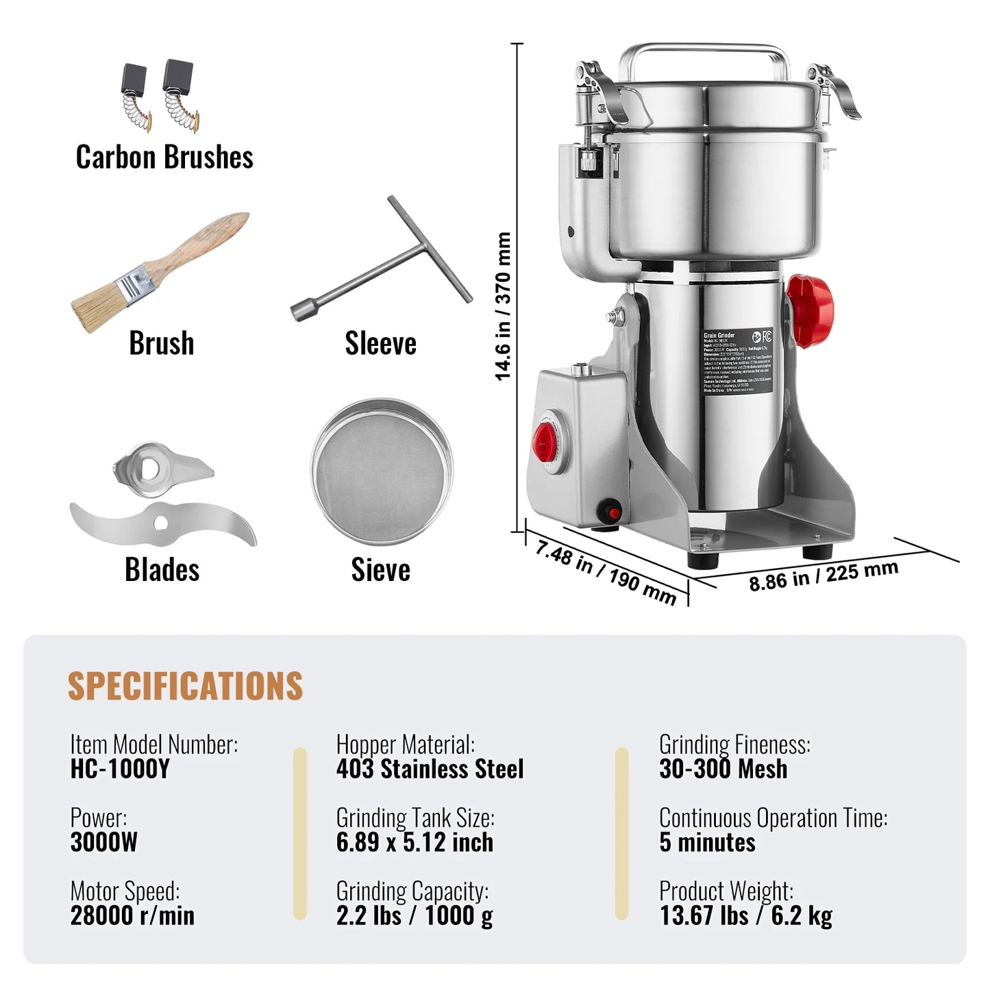 SucceBuy 150-2500g Electric Grain Mill Grinder Commercial Swing Spice Grinders for Dry Herbs Grains Spices Cereals Coffee Corn