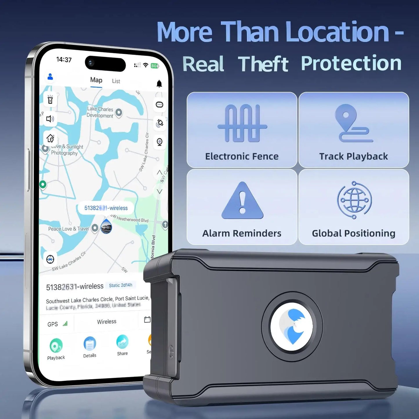 Wireless Car GPS Tracker Anti-Theft, Global Real-Time Vehicle Tracking with Built-in IoT SIM, Geo-Fence & Vibration Alarm, 15+ D