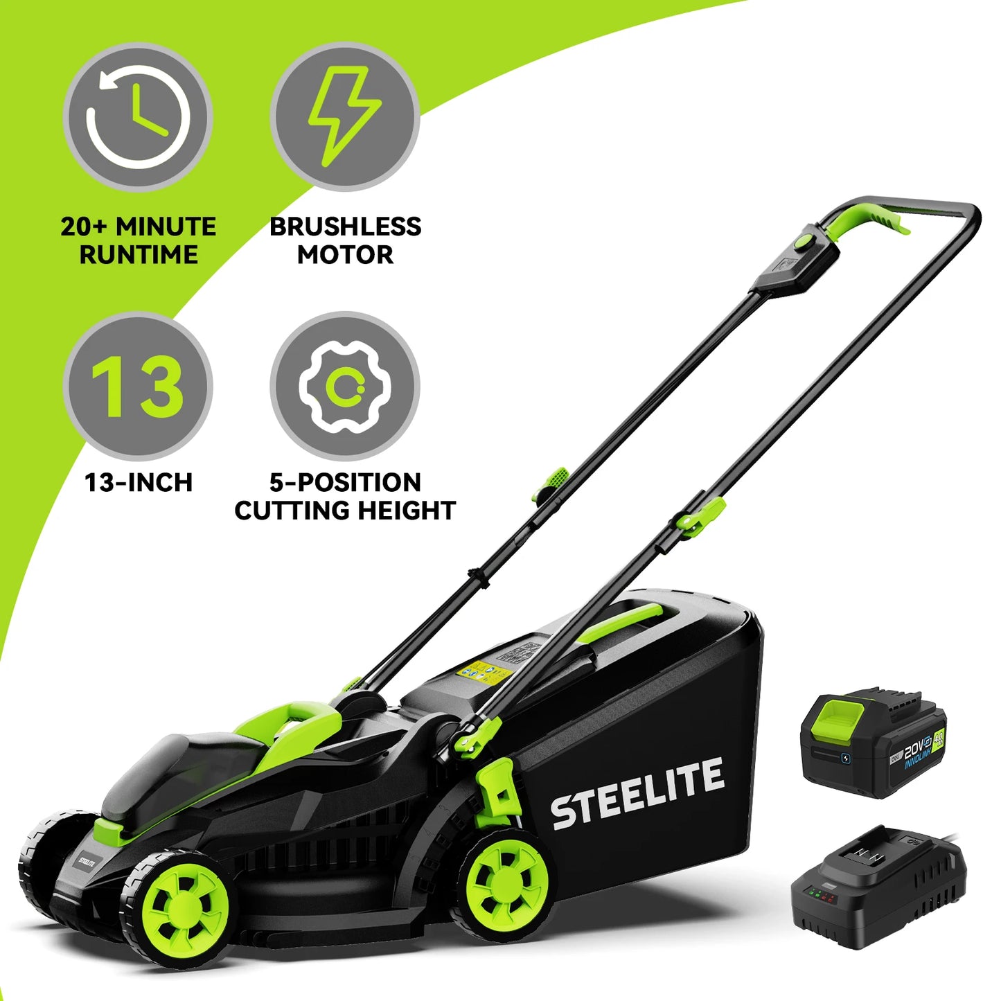 Deli 13" Electric Lawn Mower, 2-in-1 Lightweight Cordless Lawn Mower Brushless with 21V 4.0Ah Battery and Charger