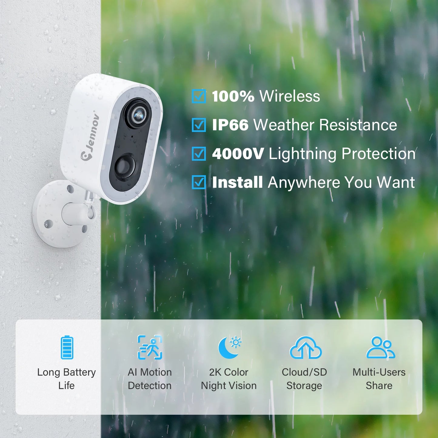 Jennov 5MP Security Camera Wireless WiFi Camera Battery Powered with Color Night Vision Two-Way Talk for Outdoor Home Camera