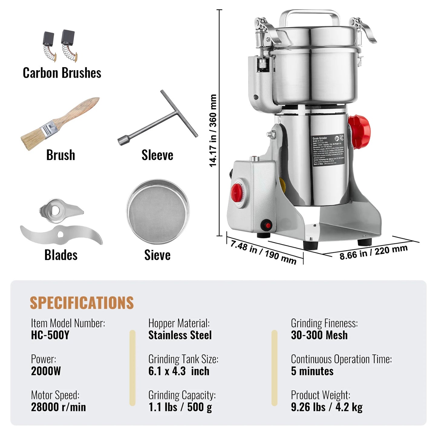 SucceBuy 150-2500g Electric Grain Mill Grinder Commercial Swing Spice Grinders for Dry Herbs Grains Spices Cereals Coffee Corn