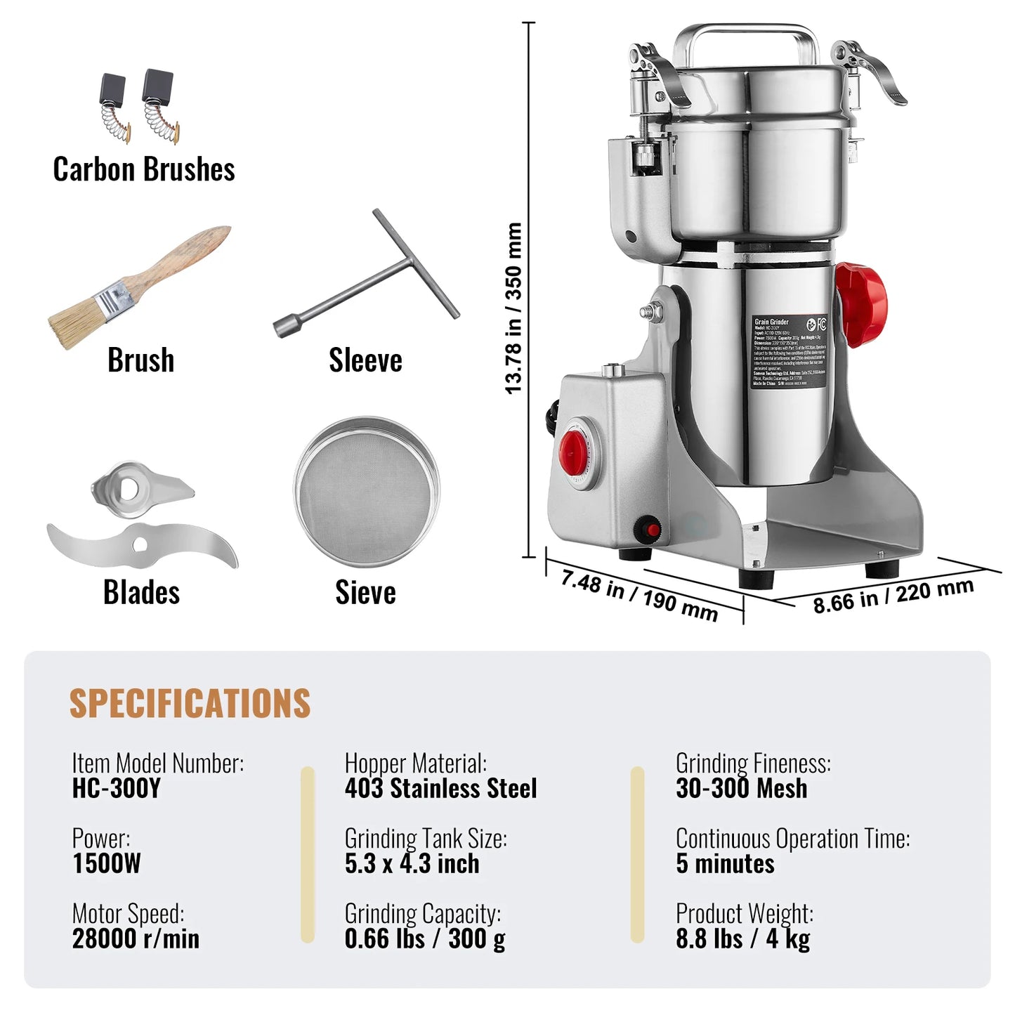 SucceBuy 150-2500g Electric Grain Mill Grinder Commercial Swing Spice Grinders for Dry Herbs Grains Spices Cereals Coffee Corn